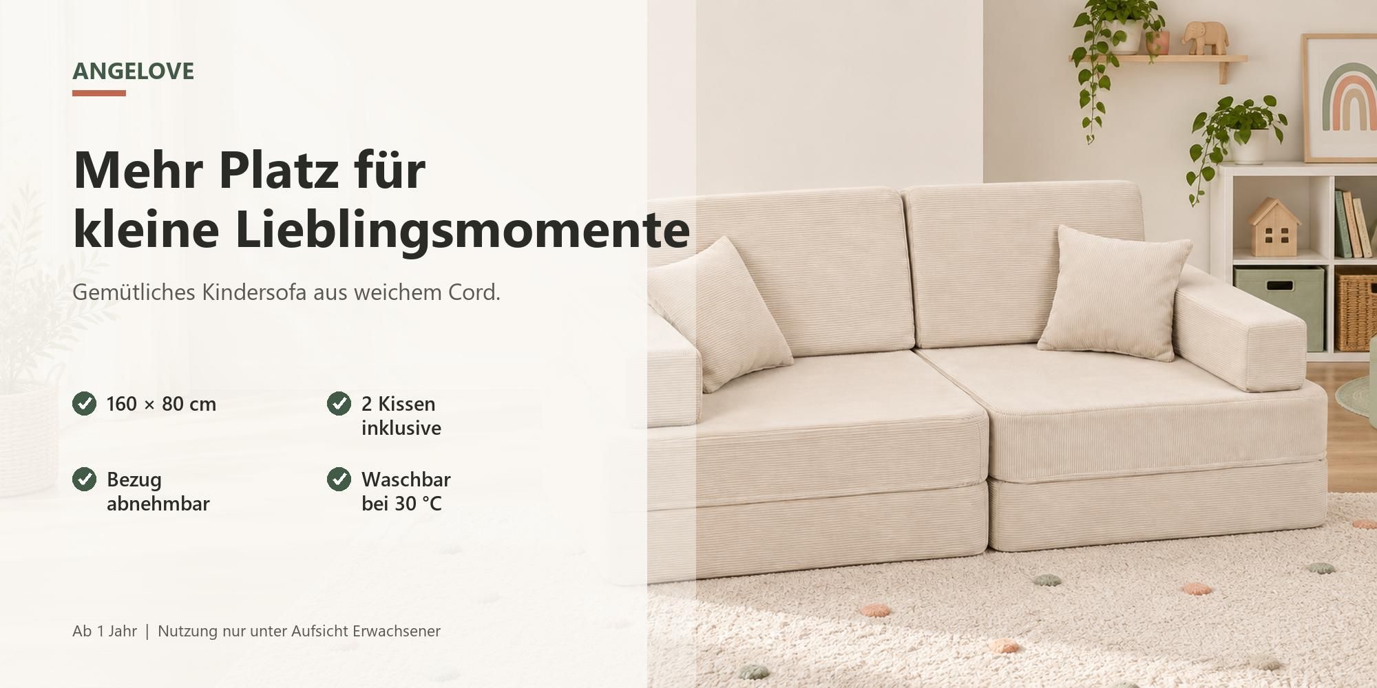 AngeLove Kindersofa aus weichem Cord: 160 x 80 cm, 2 Kissen inklusive, Bezug abnehmbar und bei 30 Grad waschbar