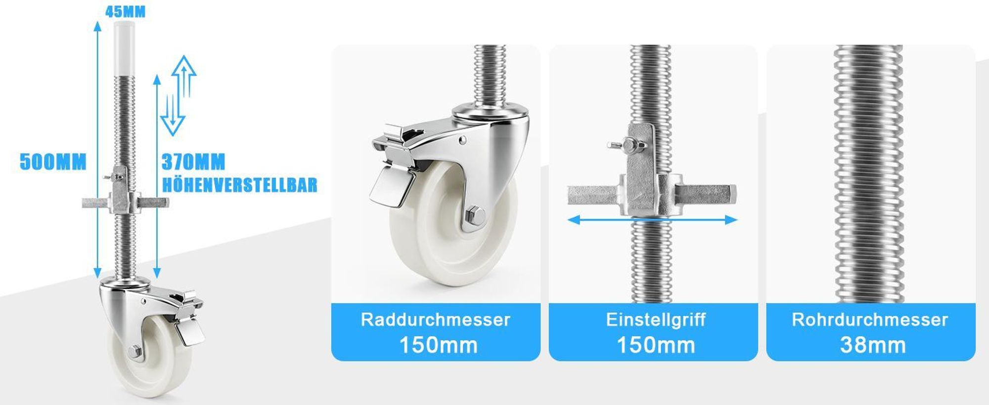 4 Stück Gerüstrollen mit Stahlspindel, 150mm Gerüsträder mit Bremsen, Ø38mm Spindelrollen Gerüst Räder Rollen für Gerüstsysteme 1000kg Tragfähigkeit