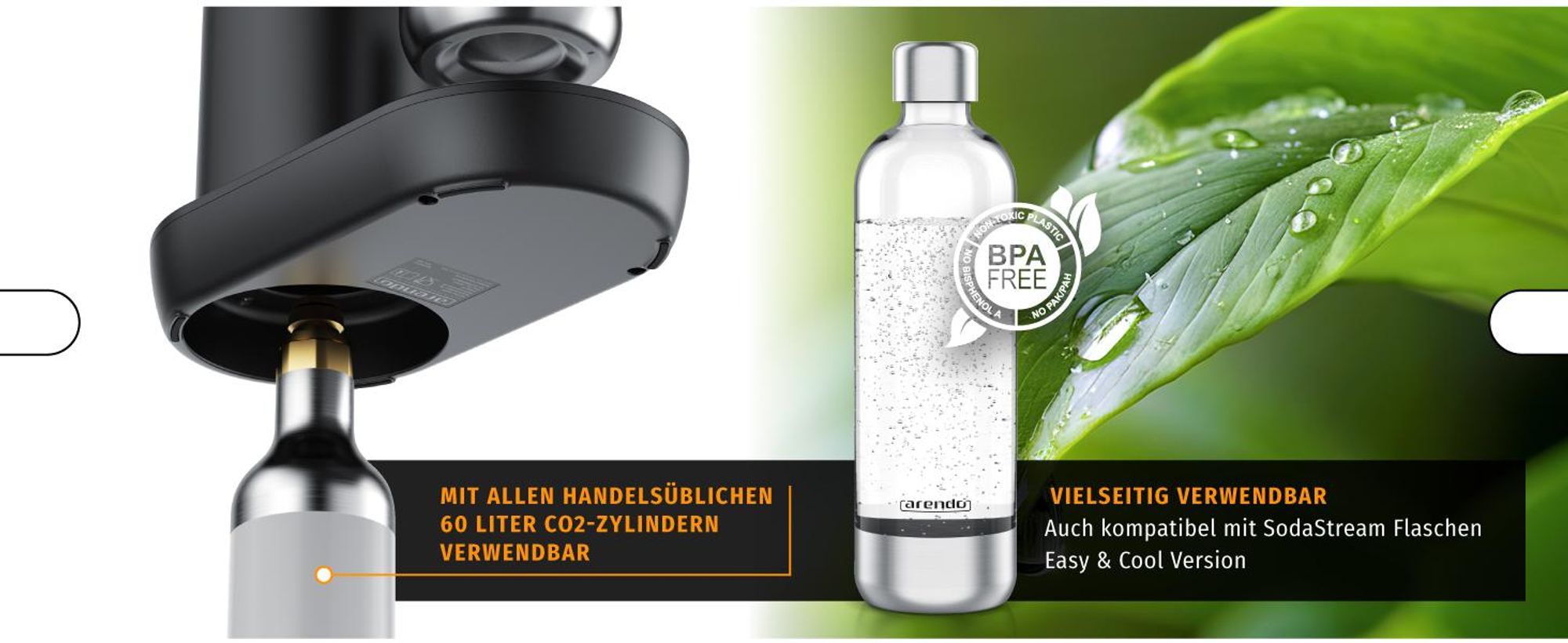 Arendo Wassersprudler, Soda Maker, inkl. 1L PET-Flasche, BPA-frei, fein dosierbar, kompatibel mit 60l CO2-Zylindern, SodaStream Easy/Cool, PET/ABS, schwarz