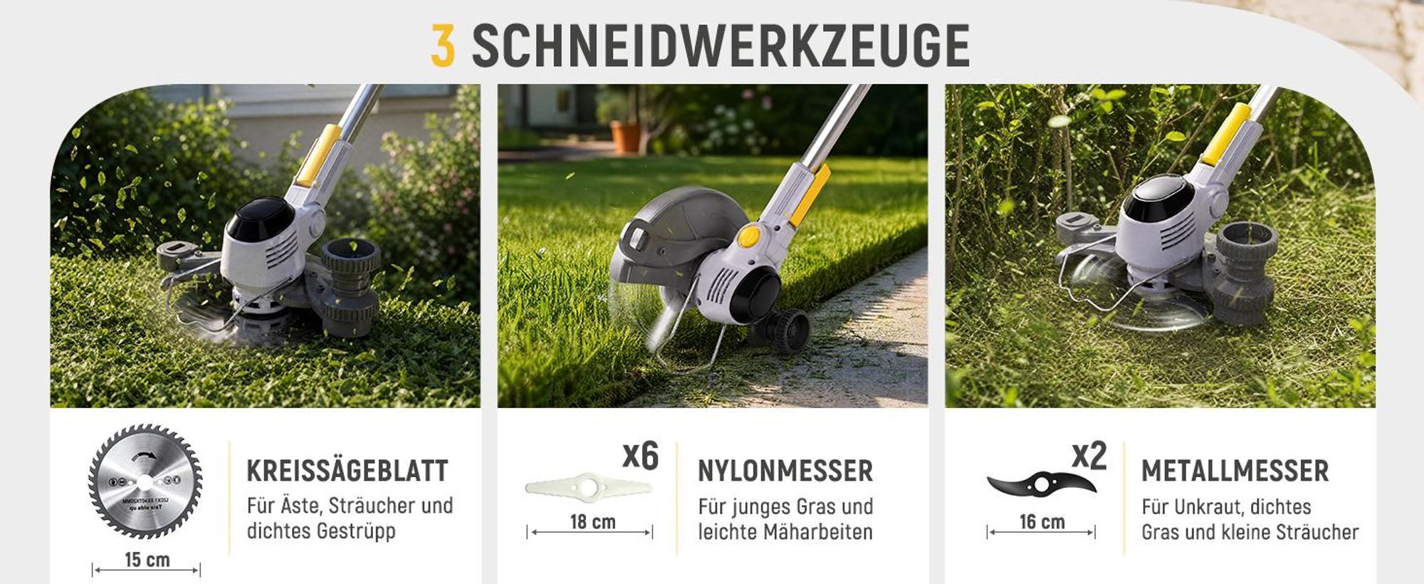 Traumheim Akku Rasentrimmer 21V, 3-in-1 Freischneider, 2x 2,0Ah Akku mit Ladegerät, Teleskopstiel, Kantenschneider, 3 Messerarten,für Garten und Rasen