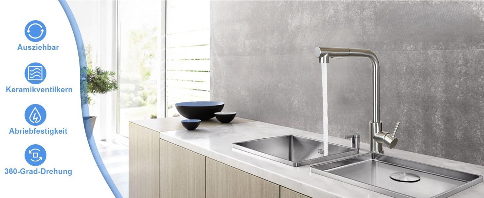 ZMH Rubinetto da cucina estraibile 
Rubinetto in nichel spazzolato con spruzzo Miscelatore per lavello Rubinetto girevole a 360° in acciaio inox con 2 modalità di spruzzo