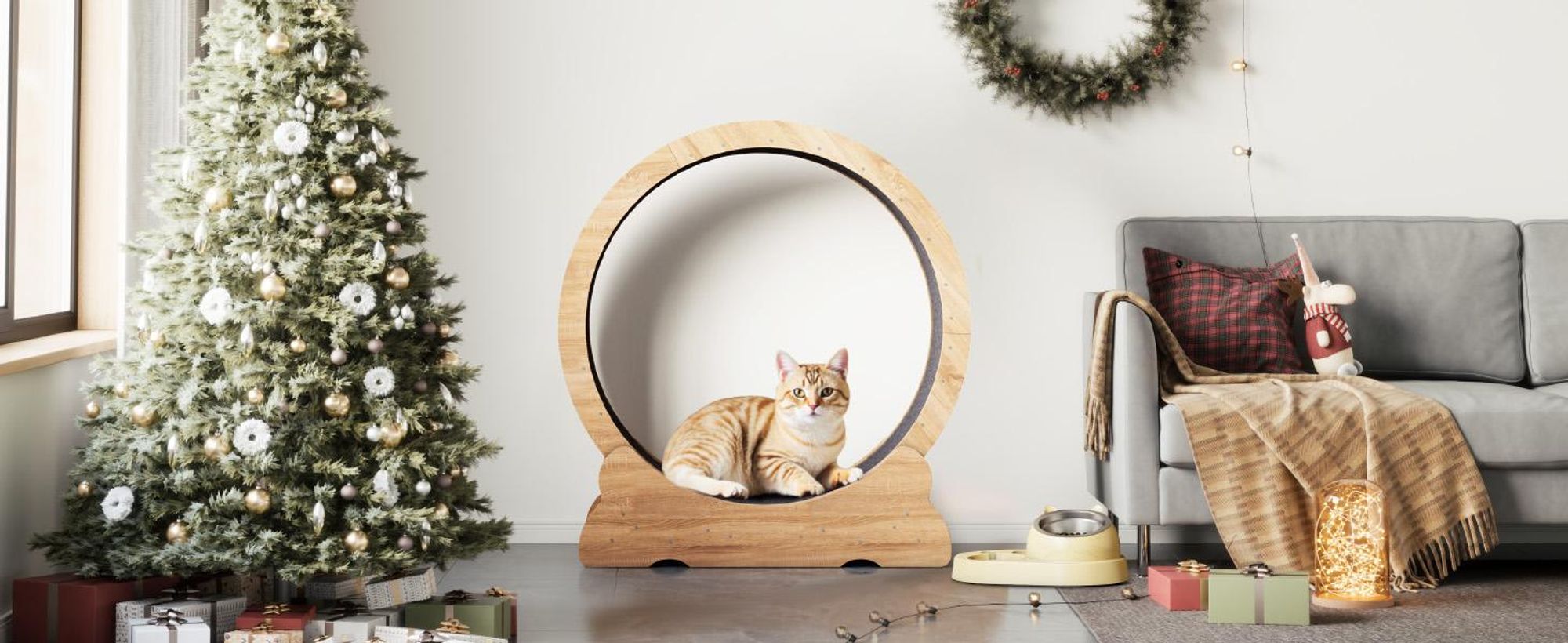 Mondeer Tier-Intelligenzspielzeug Laufband für Katzen,Innendurchmesser 80cm,Sicherheitsschloss-Design, Leises Scrollrad,90 x 97 x 36CM Naturholz