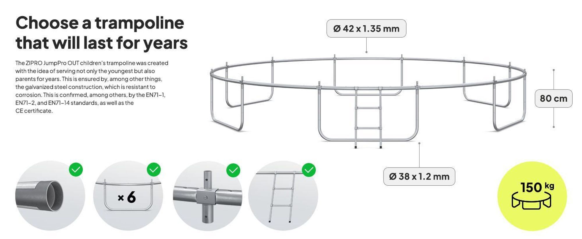 ZIPRO Trampolína Jump Pro Out | 16FT Ø 496 cm | Zahradní trampolína Dětská trampolína Kompletní sada včetně vnější sítě, žebříku a krytu okraje, venkovní, zelená