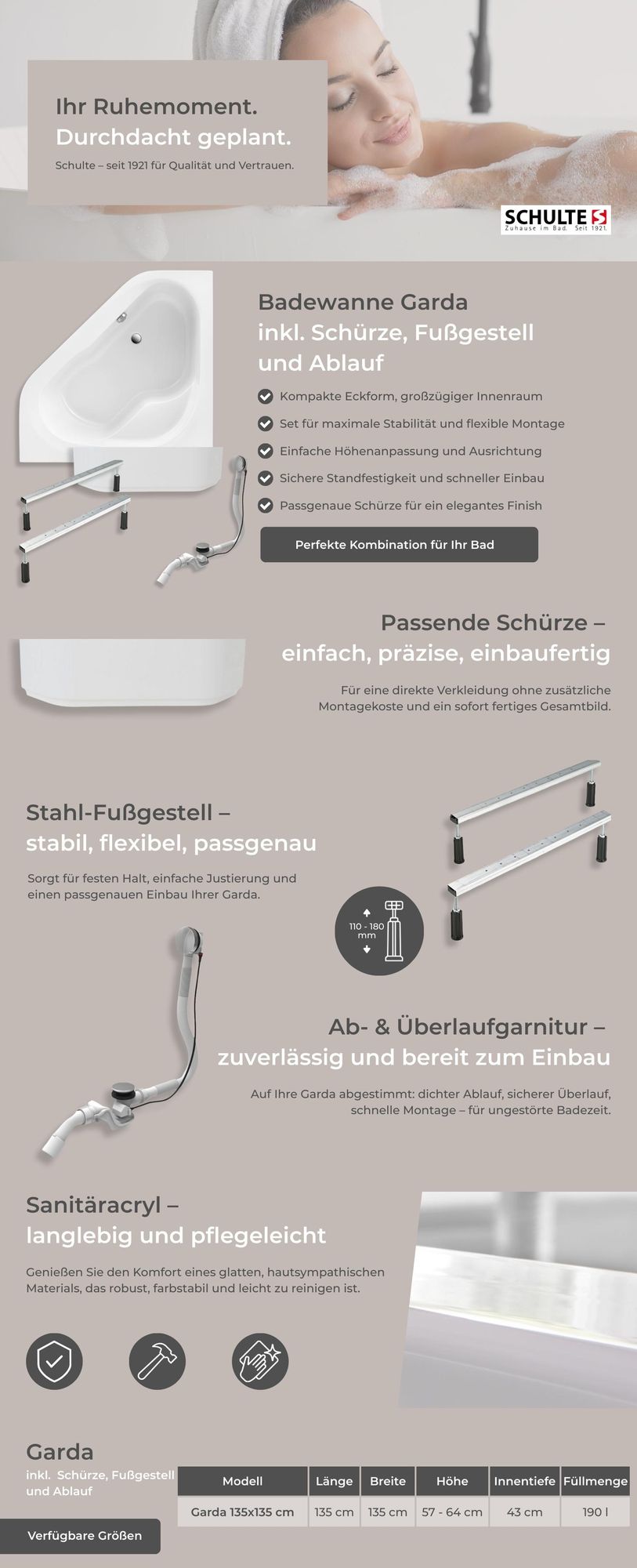 Schulte Eckbadewanne Komplettset Garda, 135x135 cm, Sanitäracryl Weiß, inkl. Schürze, Fußgestell & Ab- und Überlauf,