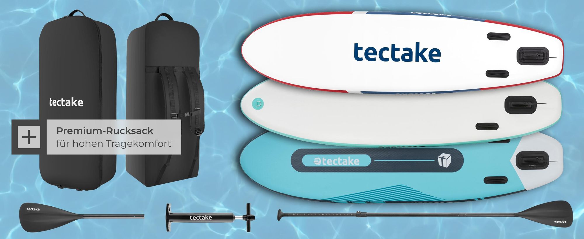 tectake Stand-Up Paddle Board aufblasbar Komplettset - Kippstabilität, Drop-Stitch-Material, 3-Finnensystem. Größe: 288x77x22.5 cm