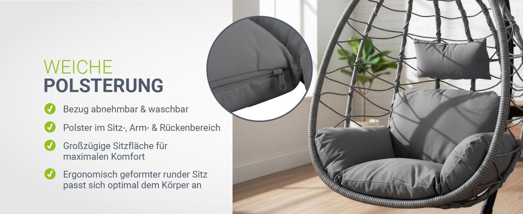Juskys Hängesessel Aria mit Kissen - höhenverstellbar & faltbar - Polyrattan Hängeschaukel Outdoor & Indoor - Korbhängesessel bis 130kg Dunkelgrau
