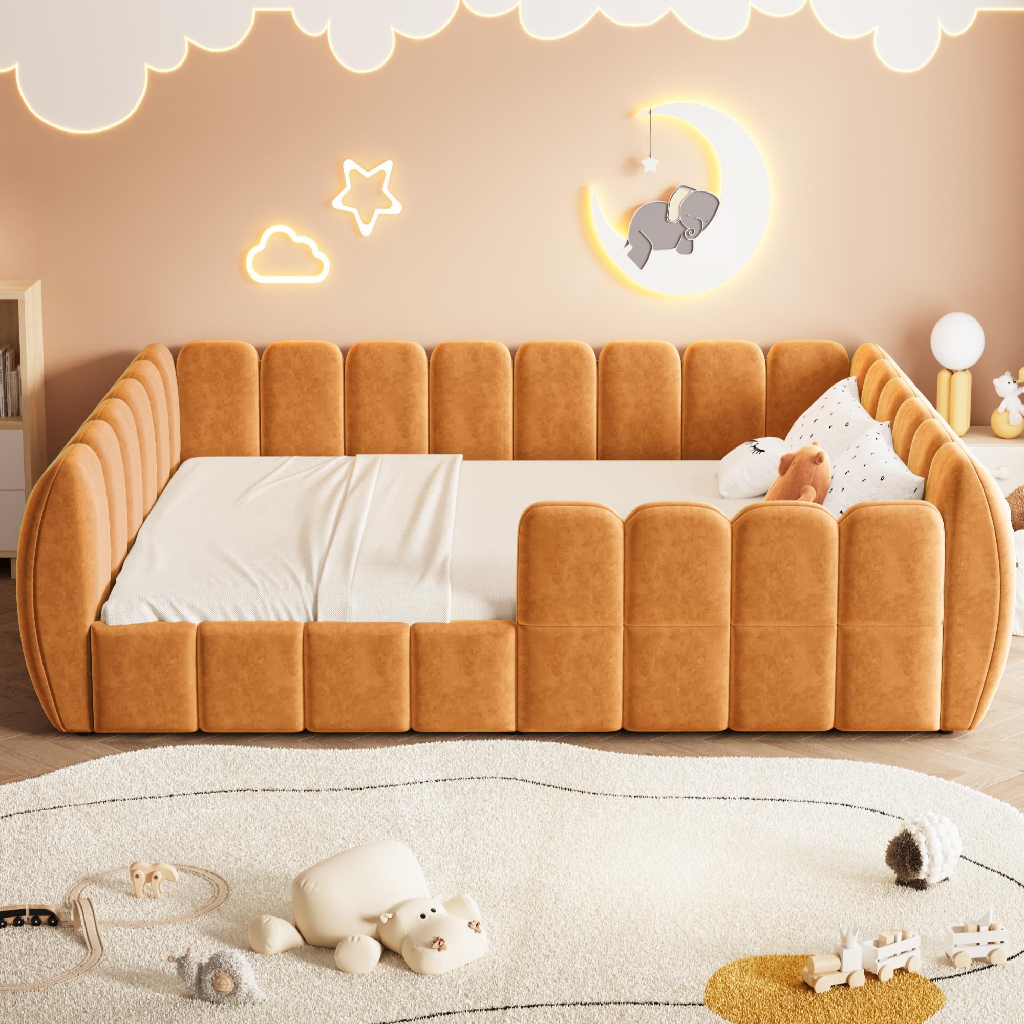 Merax Gepolstertes Kinderbett Bodenbett 140x200cm, Samtbett mit geschlossenem Design und abgerundeten Ecken, Montessori Bett für Jugendliche, Orange