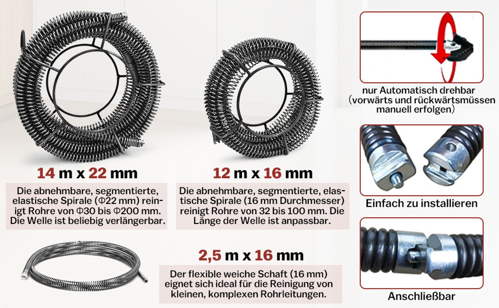Rohrreinigungsmaschine 850W mit 21m Ø22mm,14.5m Ø16mm, 5m Ø10mm Spirale für Ø20-200mm, Rohrreinigungsgerät 450U/M Elektrische Abflussreiniger