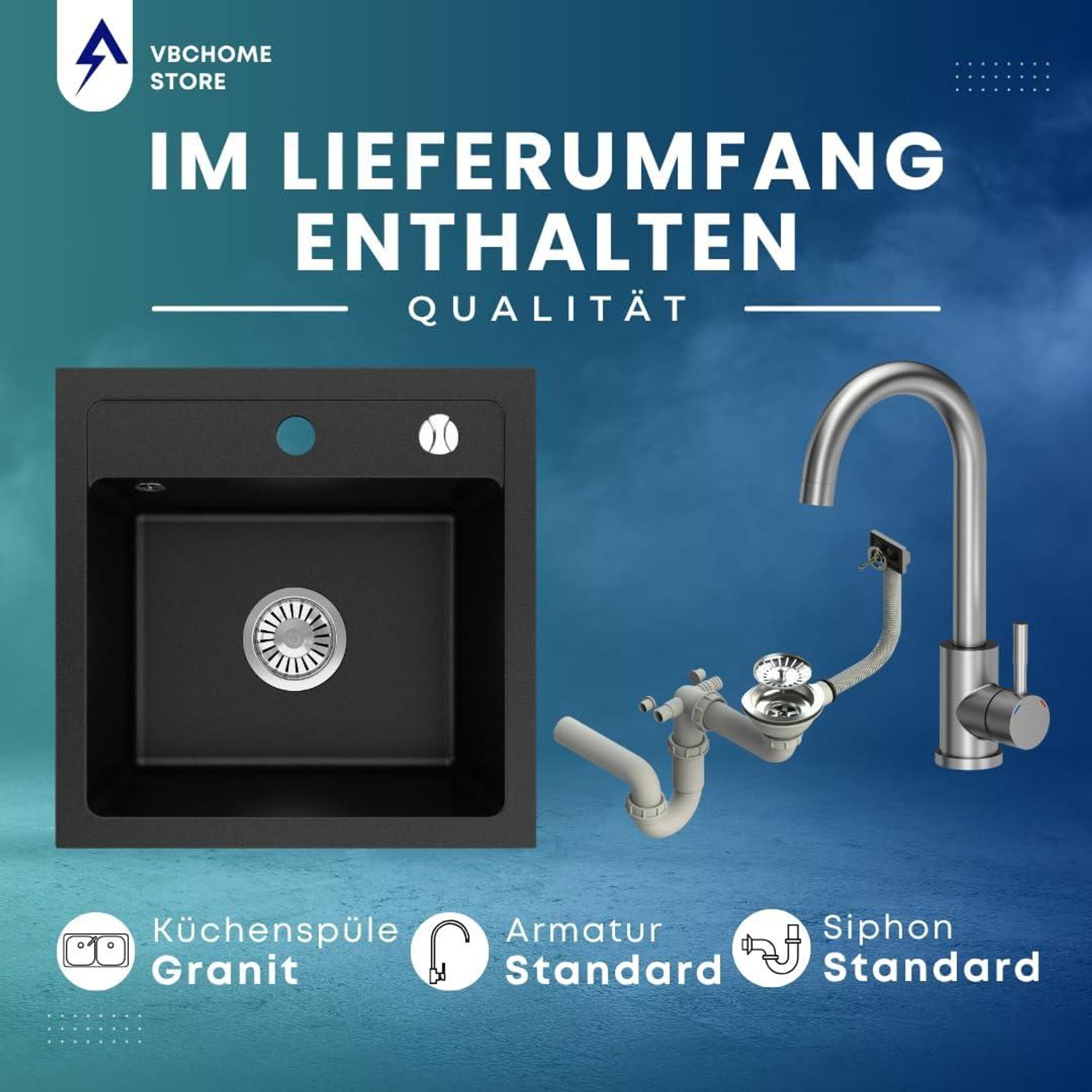 VBChome Granitspüle 44 x 44 cm Schwarz mit Armatur Einzelbecken Einbauspüle Gesprenkelt Pflegeleichtes Spülbecken mit Siphon Ideal für kleine Küchen