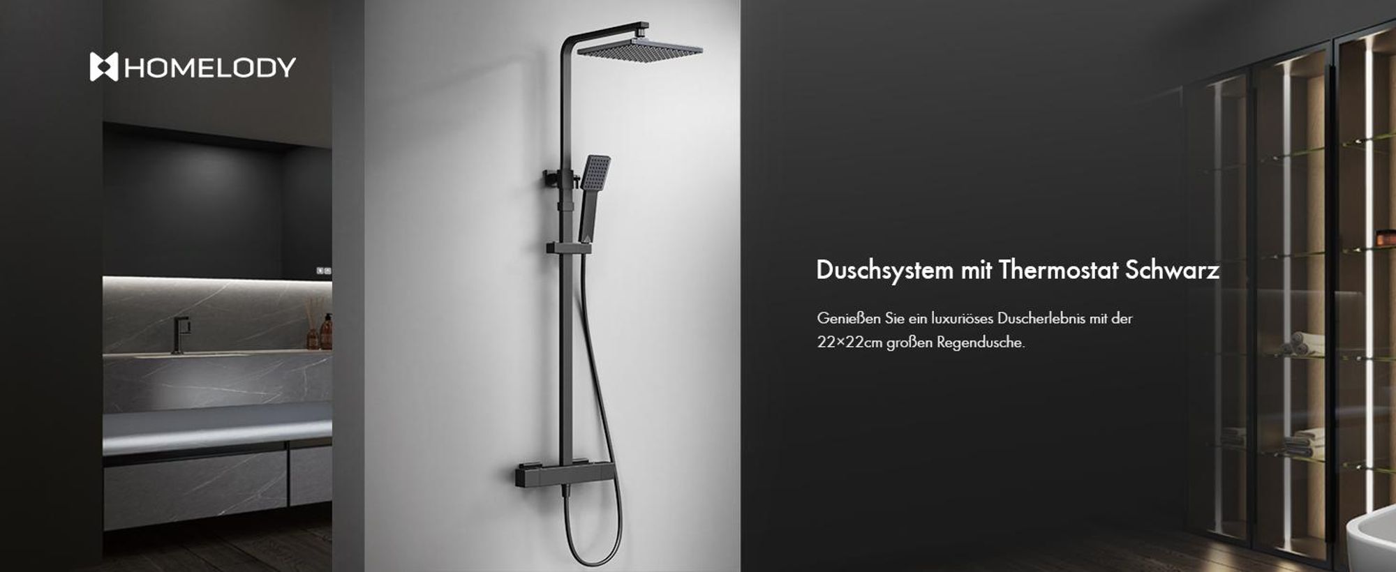 HOMELODY Duschsystem mit Thermostat 38℃ Duscharmatur Schwarz Regendusche Duschset, verstellbare Edelstahl Duschstange Duschset, Messing