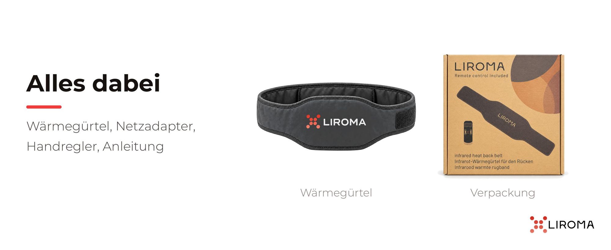 Lieferumfang LIROMA HeatPULSE: Wärmegürtel, Netzadapter, Handregler, Anleitung