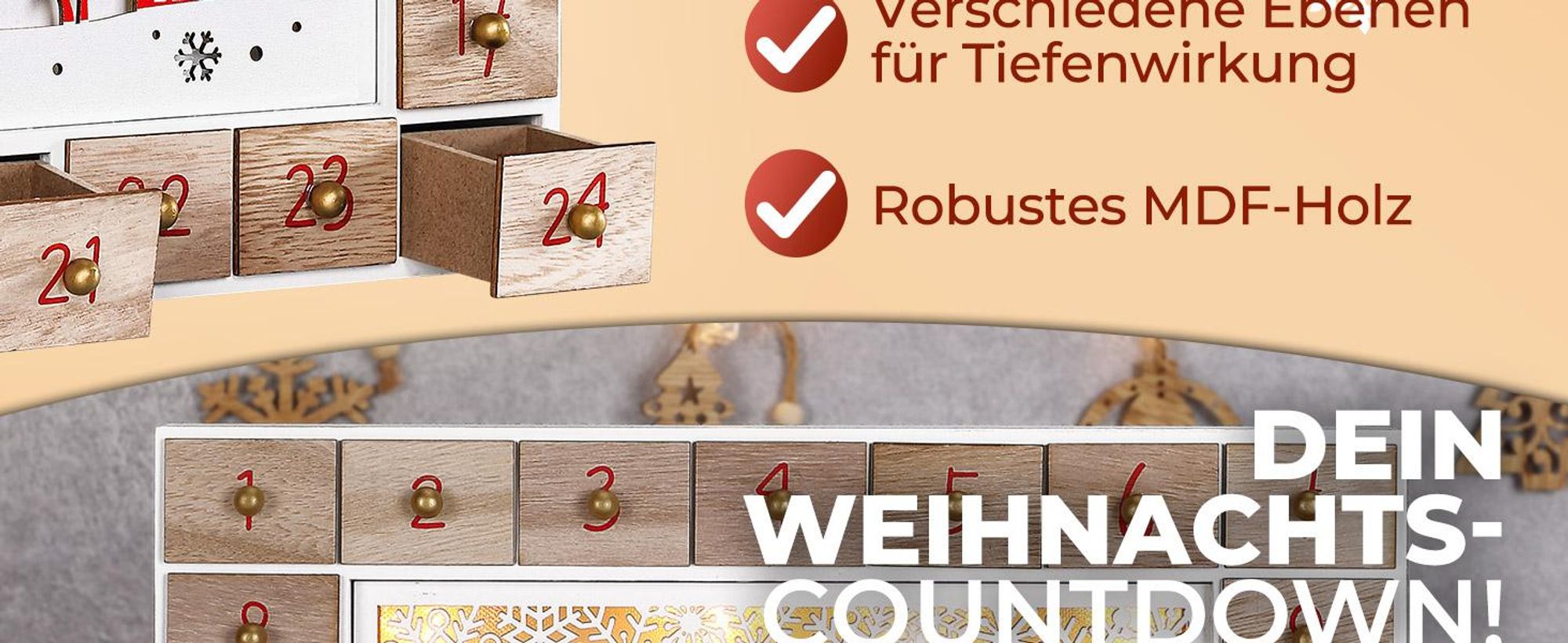 SPIELWERK® Adventskalender zum selbst Befüllen Nachhaltig LED warmweiß 24 Türchen Weihnachtskalender DIY Holz Kinder Wiederverwendbar Winterlandschaft