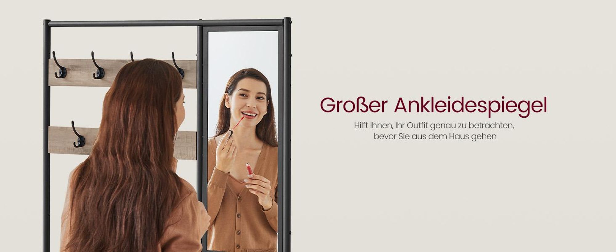 VASAGLE Kleiderständer, Garderobe,mit Haken, Spiegel, Sitzbank, 35 x 98 x 180 cm