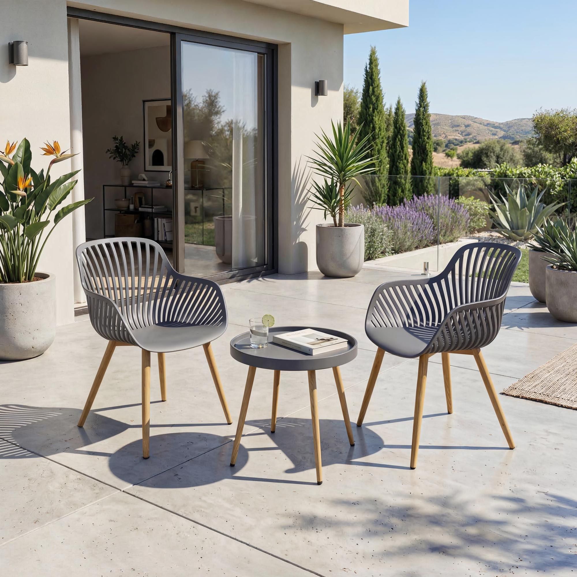 di volio Gartenmöbel Set PIENA - Grau, Balkonmöbel Set aus PP und Metall, Sitzgruppe outdoor mit 2 Sesseln und Kaffeetisch, wetterfest & modern