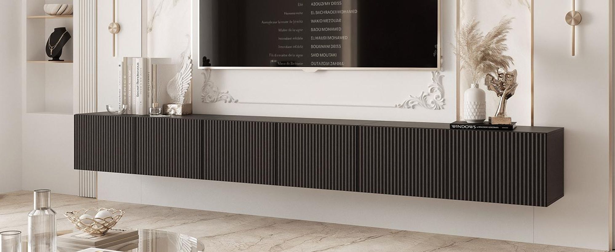Idohome TV-Lowboard Angel 300 cm Schwarz Matt -TV-Schrank, Hängeschrank, LED, Push-to-Open, Fernsehschrank, geriffelte Front, Medienmöbel, Wohnzimmer