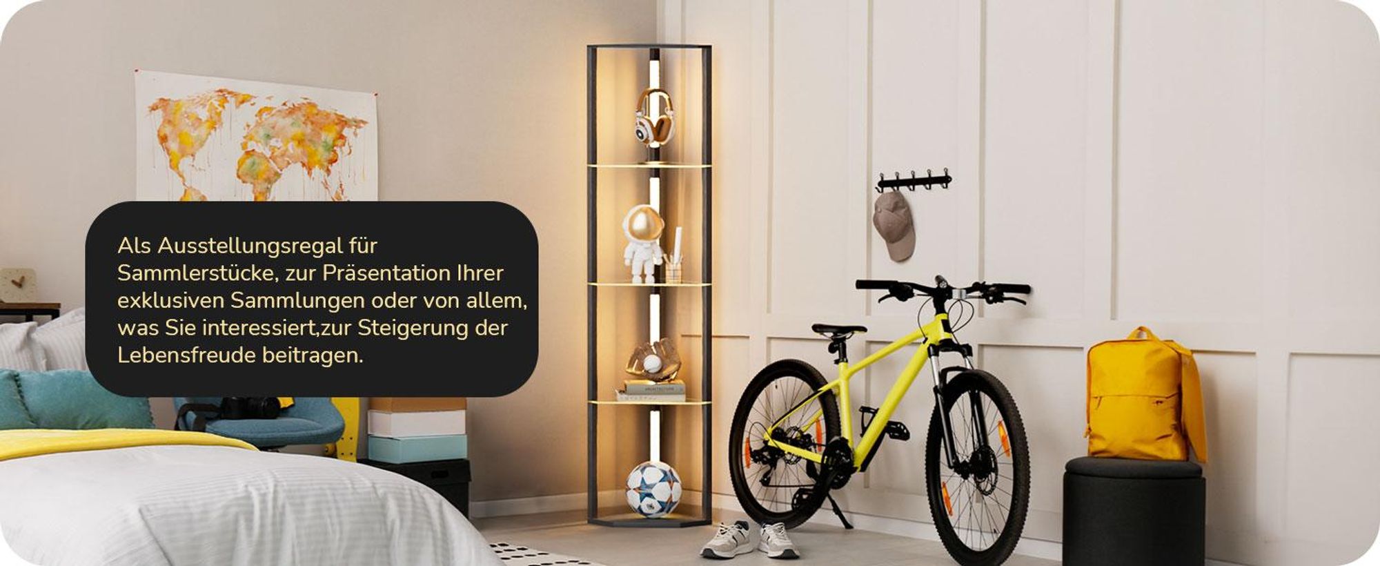 EDISHINE Stehlampe Wohnzimmer Holz, Dimmbar Stehlampe mit 4 Regalen aus Glas, 20W 360°drehbare LED-Stangen, Schwarz