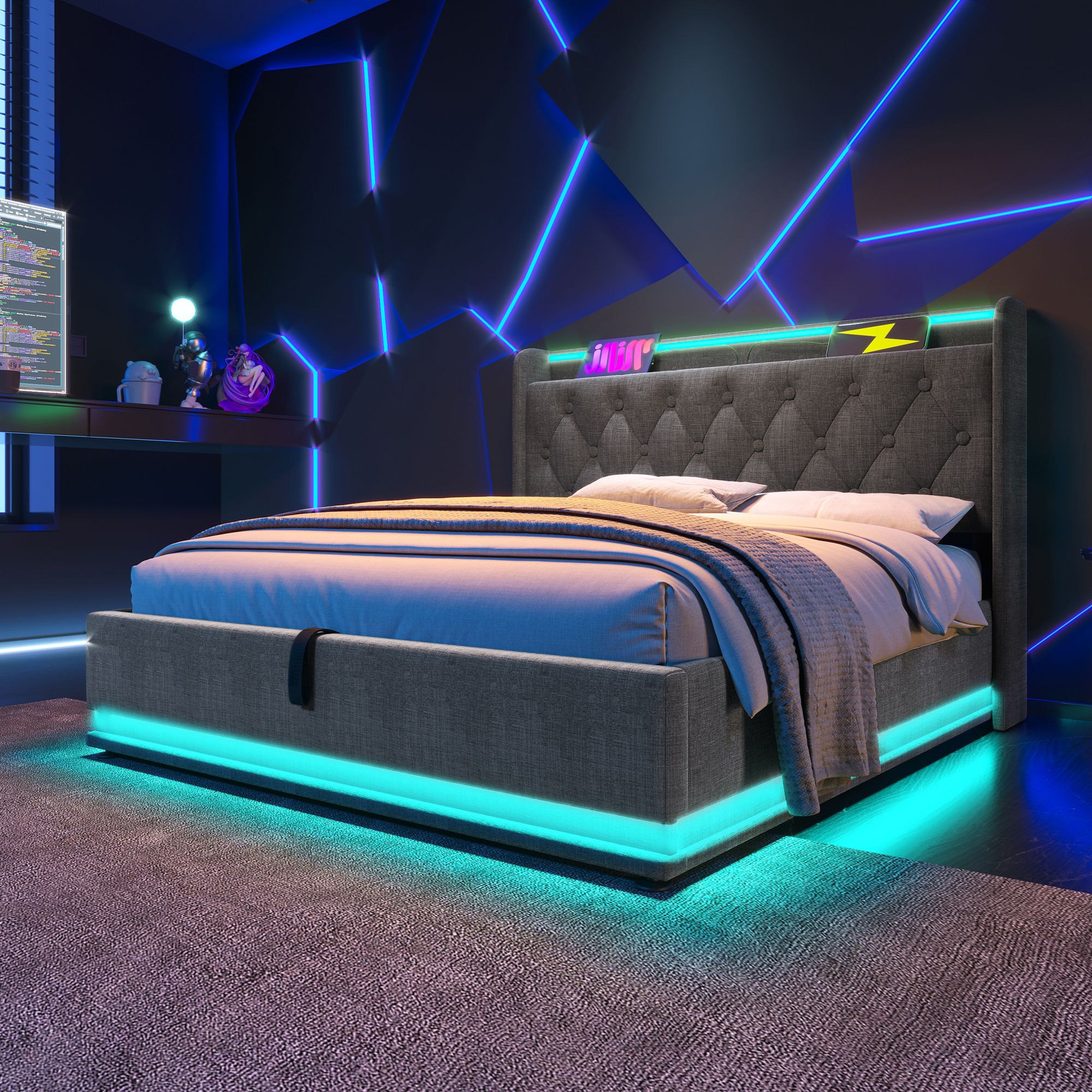 Flieks Polsterbett 160x200cm mit Ladefunktion (USB&Typ-c), Jugendbett Doppelbett Stauraumbett mit LED, Hydraulisches Boxspringbett, Leinen, Grau