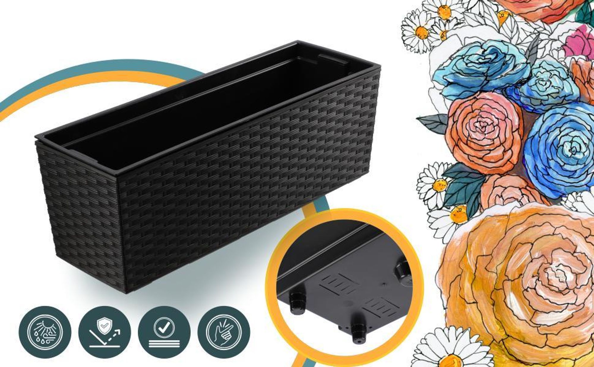 KADAX Blumentopf mit Einsatz "Murano", 56 cm, Blumenkübel Outdoor, Rattanmuster, Schwarz