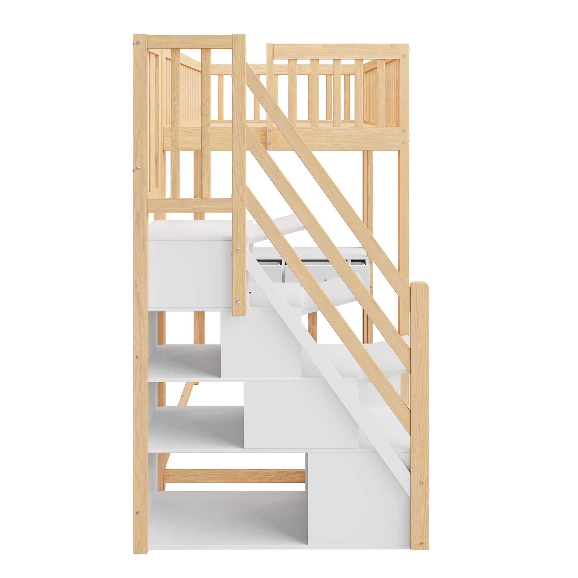 Flieks Etagenbett 90x200cm mit Rausfallschutz, Hochbett mit Schreibtisch, Kinderbett Einzelbett Holzbett mit Schubladen, Stockbett mit Treppe, Holz