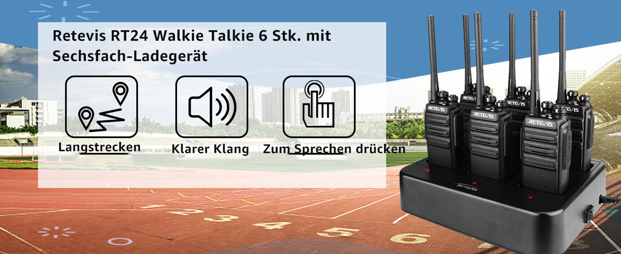 Retevis RT24 Funkgerät Set, mit 6-Wege-Ladegerät, Großer Reichweite, PMR Walkie Talkie, Langlebig,16 Kanäle, für Polizei, Baustellen, Schule, Hotel