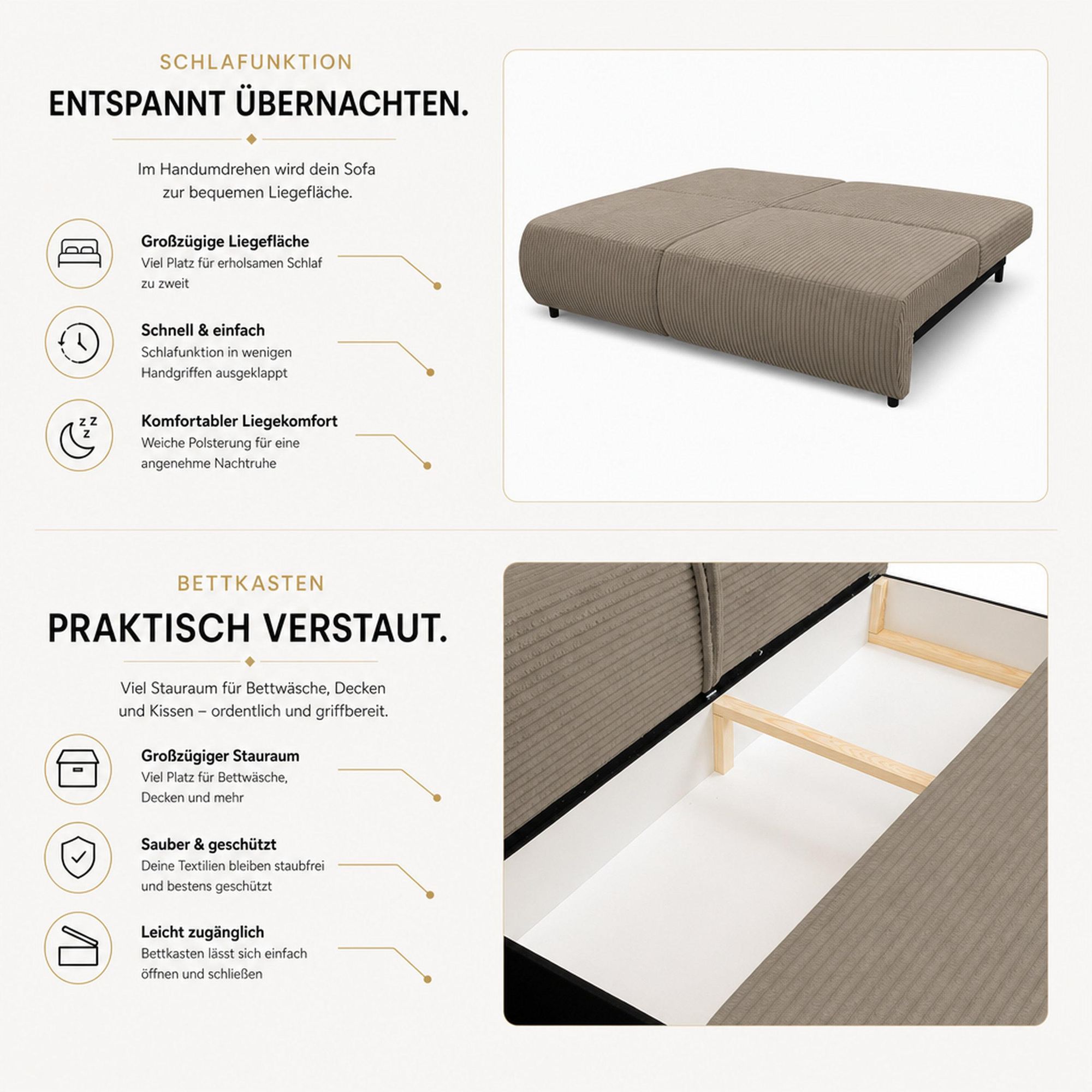 VENASI ETNA Polstersofa mit Schlaffunktion und Bettkasten Couch Sofa Cord Bettsofa Schlafsofa Grün