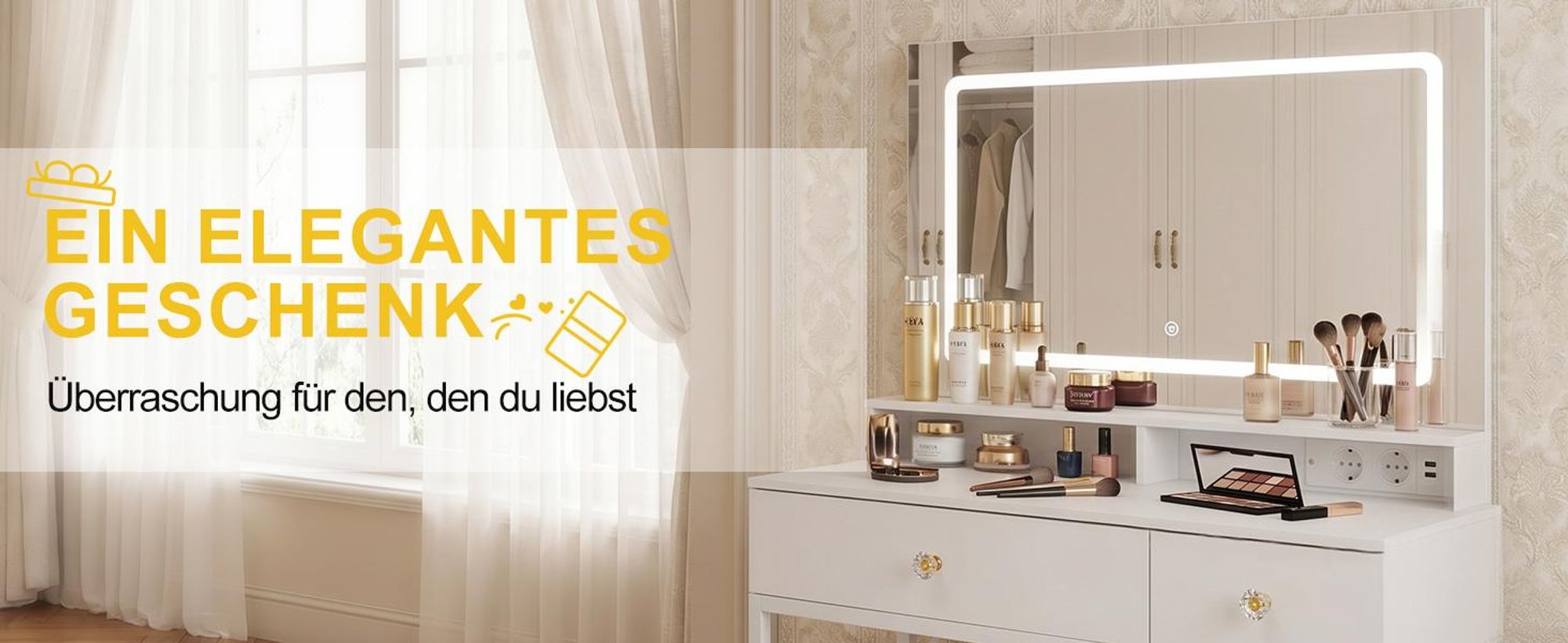 Schminktisch mit LED Beleuchtung und Hocker mit Steckdose modern weiß mit LED Spiegel 3 Lichtfarben dimmbar 2 Schubladen Metallrahmen 80 x 40 x 140 cm