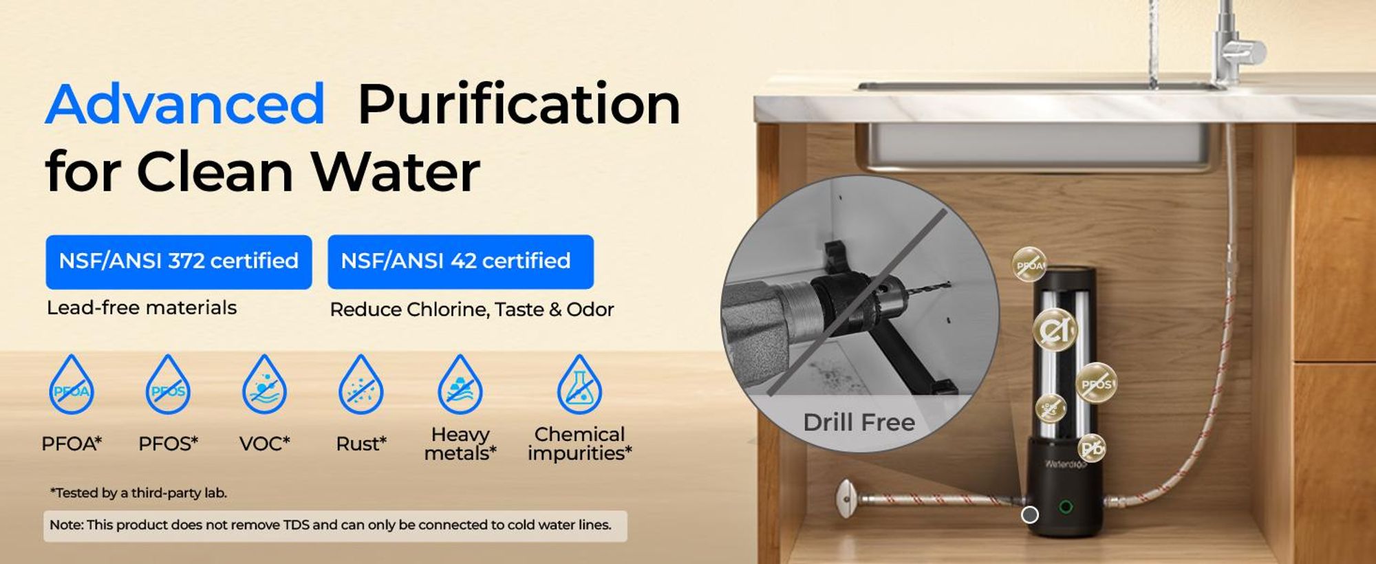 Waterdrop UL12A Untertisch Wasserfilter System, Kein Bohren Erforderlich, Einfache Installation, NSF/ANSI 42 , 11000 Gallonen