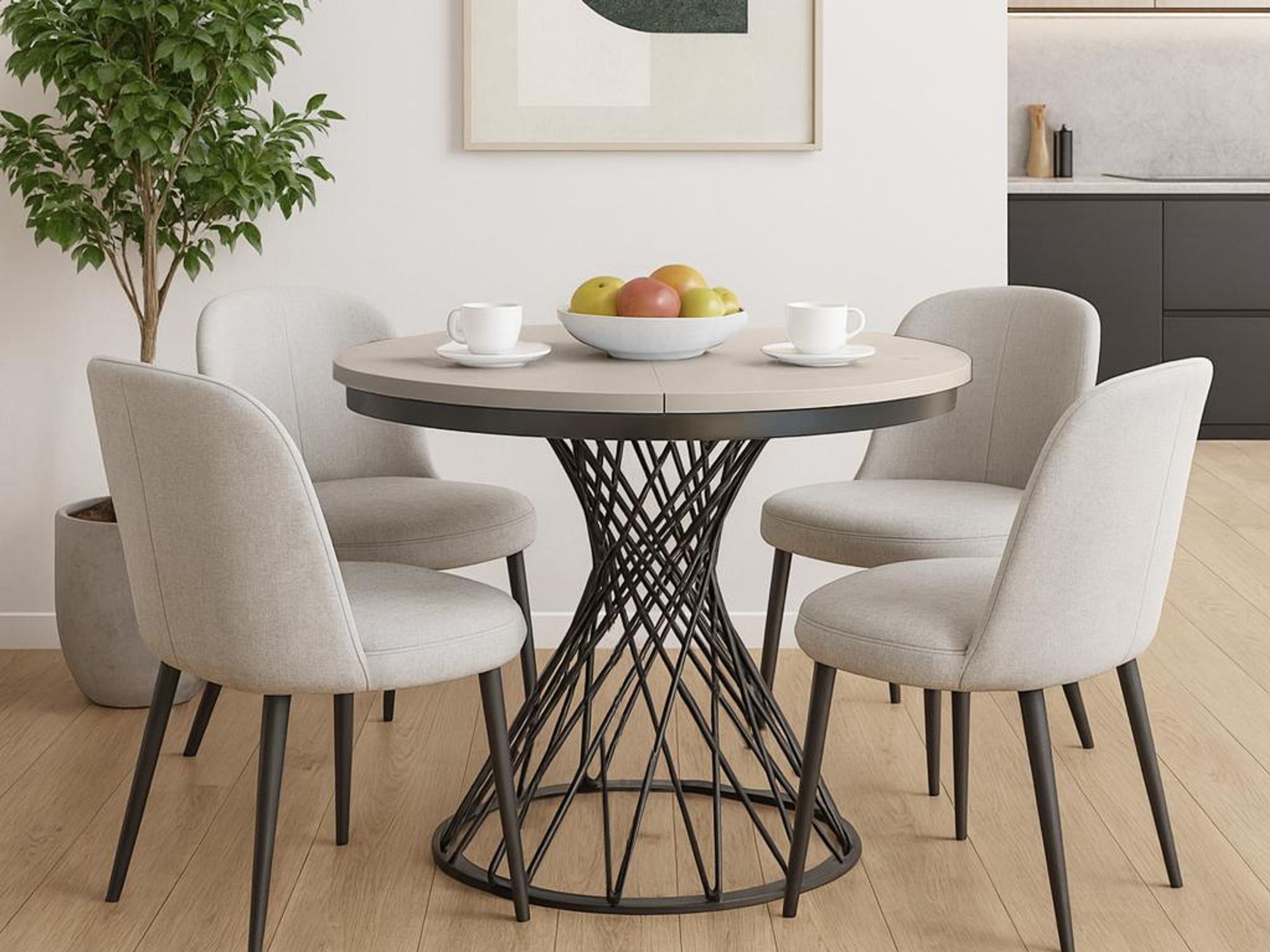 BEAUTYSOFA | Runder Ausziehtisch LAURA 100–140 cm – Esstisch rund mit Metallbeinen, moderner Küchentisch für Esszimmer & Küche, Schwarz/Eiche Artisan