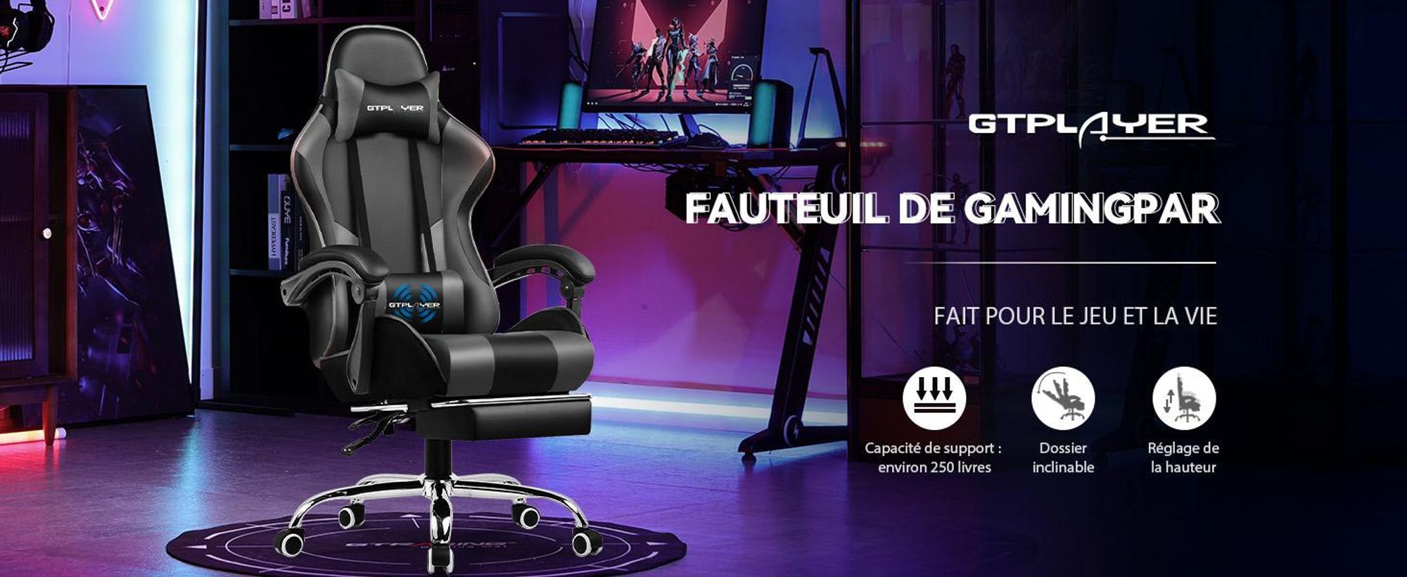 GTPLAYER gaming chair, chaise de bureau ergonomique avec fonction de massage et repose-pieds, châssis avec poignées, base en acier, gris