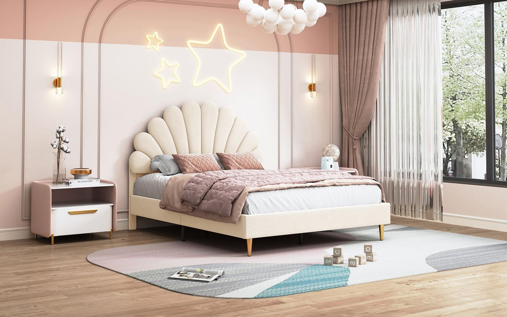 INONEFT Polsterbett Kinderbett 140x200 cm, Doppelbett für Mädchen, Jugendbett Bettgestell mit Blumenförmigem Kopfteil und Lattenrost, Samt Beige