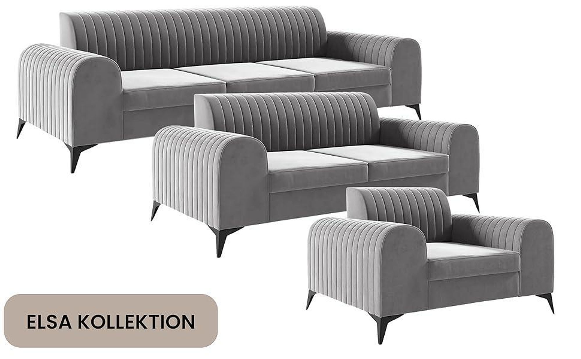 LIKMA Grau 3 Sitzer Samt Sofa Elsa 234x77x93 cm 3-er Couchgarnitur Hydrophobe Beschichtung Velvet Moderne Wohnzimmer Couch Velours Glamour Design Stoff Fresh 14