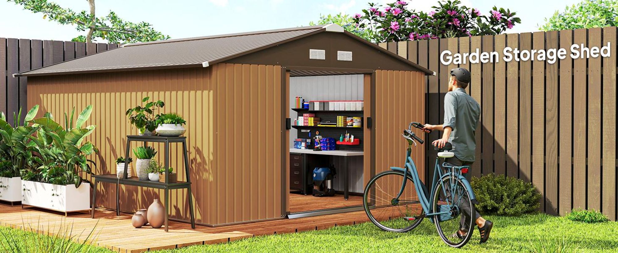 Domek narzędziowy metalowy Outsunny 26,2 m³, 340 x 386 x 200 cm, z dachem dwuspadowym, drzwiami przesuwnymi, odporny na warunki atmosferyczne, do użytku na zewnątrz, żółty