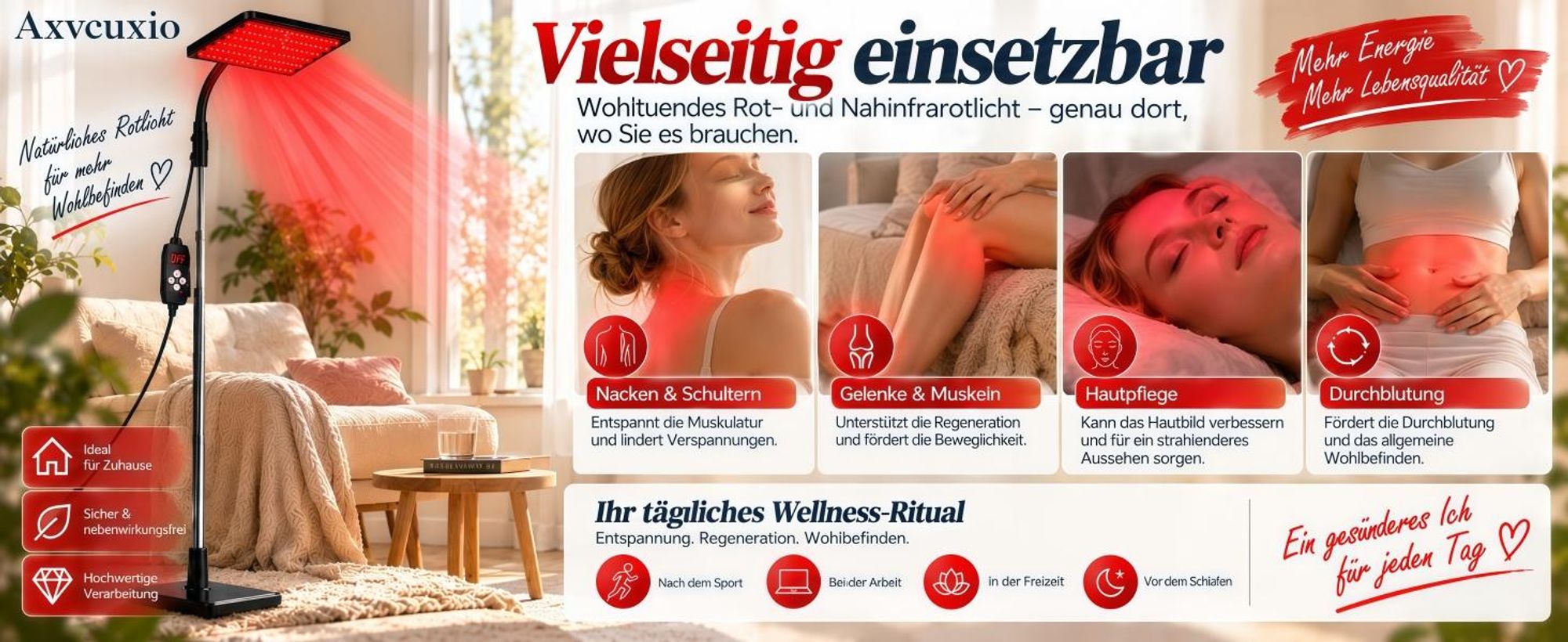 126 LEDs Rotlichtlampe Stehlampe,660 nm Rotlicht und 850nm und 940nm Nahinfrarot lichttherapielampe,360°-Einstellbar, 3 Modi & 5 Helligkeitsstufen