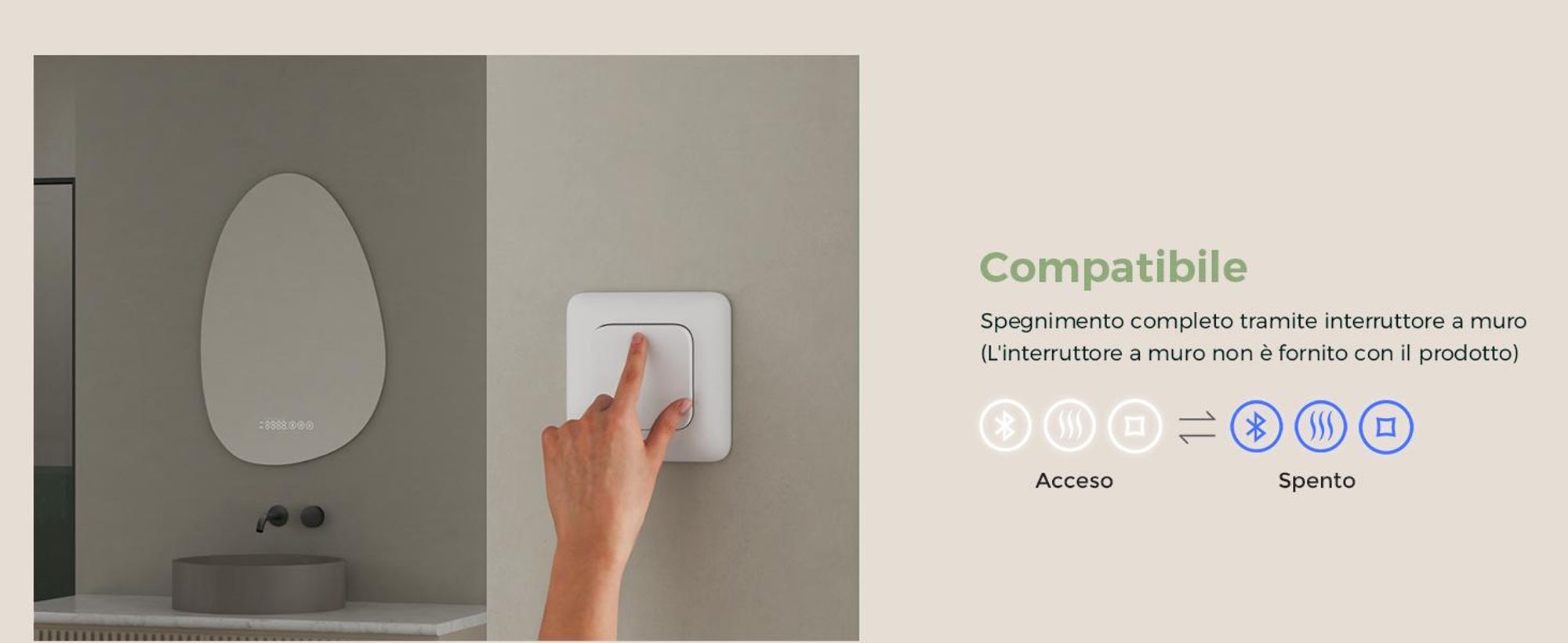 S'AFIELINA Specchio da bagno con illuminazione Asimmetrico 60 x 45 cm con 3 colori di luce dimmerabili, antiappannamento, Bluetooth, orologio, temperatura, funzione memoria