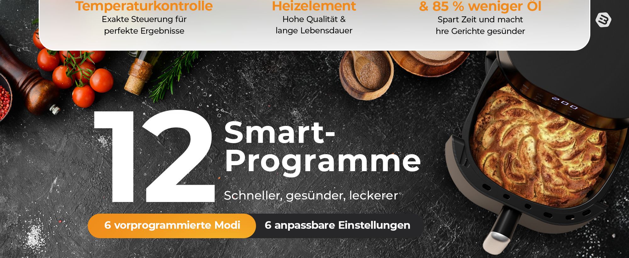 Balter Heißluftfritteuse XXL 5,5L mit Sichtfenster, 1500W, Airfryer, ohne Öl, 12 Programme, Touch-Bedienung, 100 Rezepte, Edelstahl, Schwarz