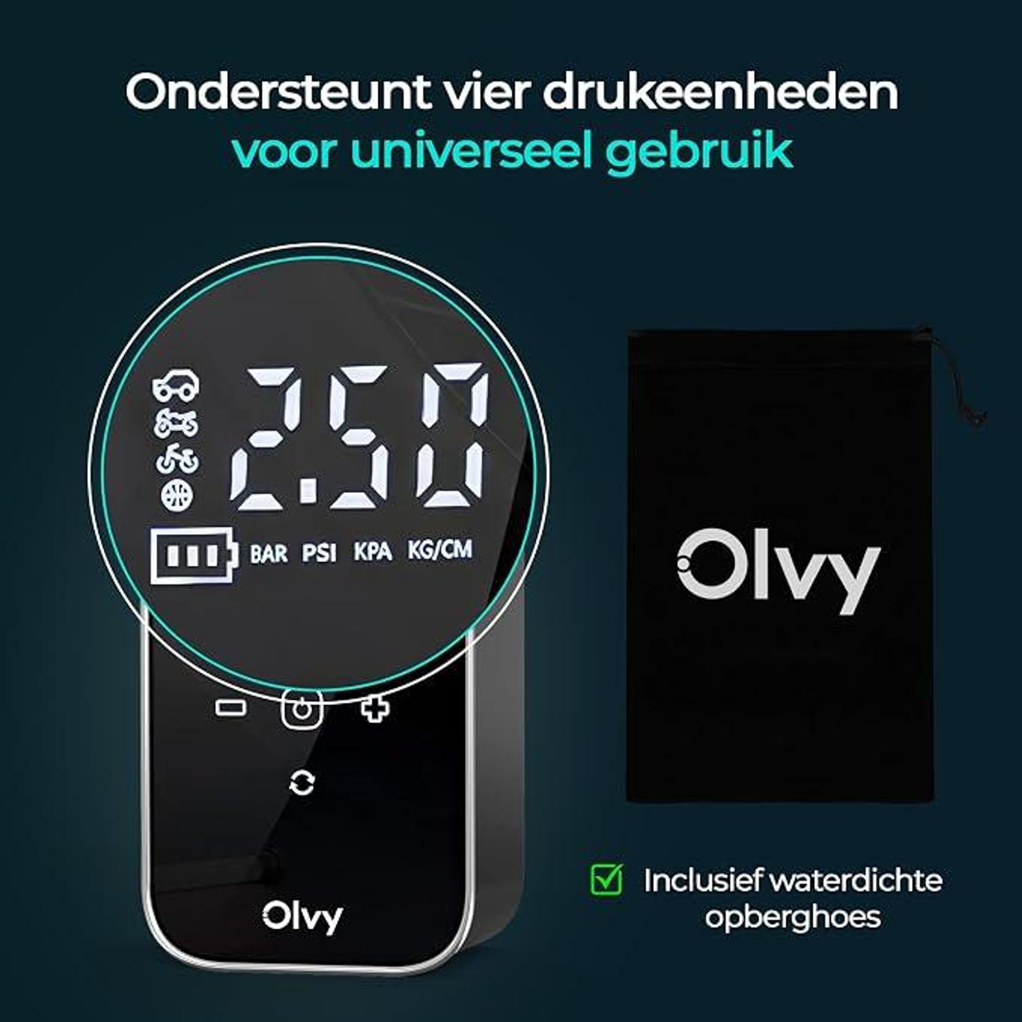 Olvy Elektrische luchtpomp met powerbank van 6000 mAh – 12V mini-compressor voor auto, fiets, ballen, luchtbed, display, LED, automatische uitschakeling