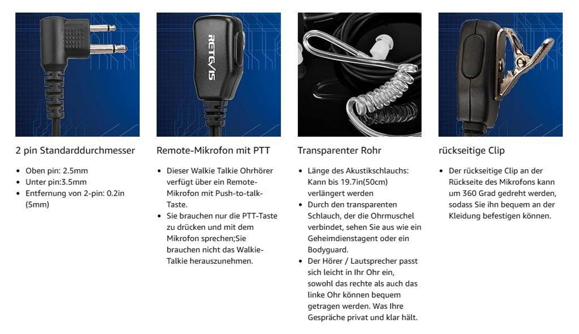 Retevis EAM002 Funkgerät Headset, 2 Pin Schallschlauch Headset, Kopfhörer Ohrhörer Kompatibel mit Walkie Talkie Motorola DP1400 CP040 GP68 GP88 TC-500