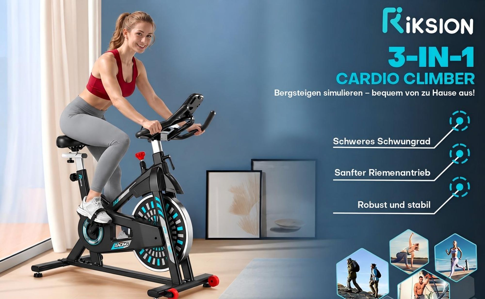 RIKSION Heimtrainer Fahrrad mit App, Leises Hometrainer Fahrrad Mit, Bequem Ergometer Heimtrainer mit LCD-Display, Tablet-Halterung, Bis 160KG
