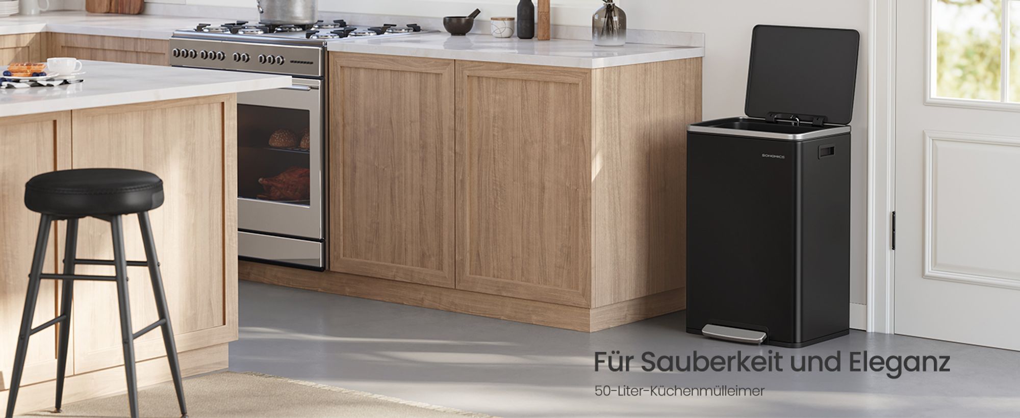 Mülleimer 50 L, 15 Müllsäcke, Stahl, herausnehmbarer Inneneimer aus Kunststoff, Griffe, Softclose, mit Deckel