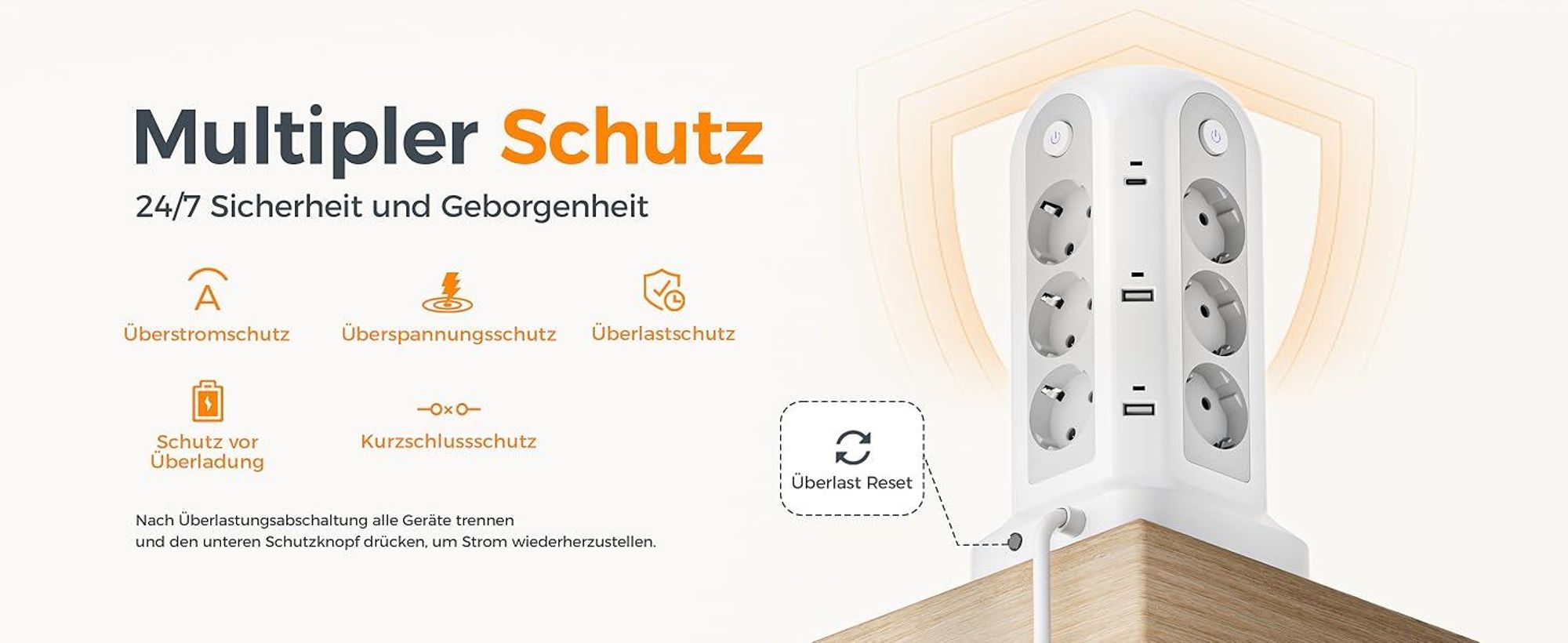 TESSAN 12 Fach Mehrfachsteckdose mit 2 USB C und 4 USB A Verlängerungskabel 5M Überspannungsschutz Steckdosenturm 3680W