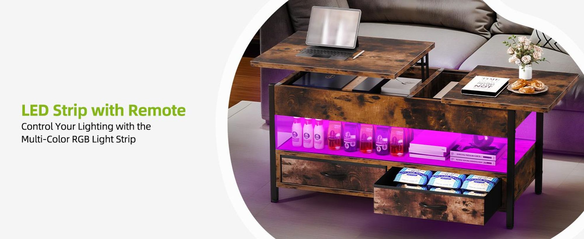 YITAHOME LED Couchtisch Wohnzimmertisch, Höhenverstellbar mit stauraum und 2 Schubladen, 106 x50x51,5cm, Braun