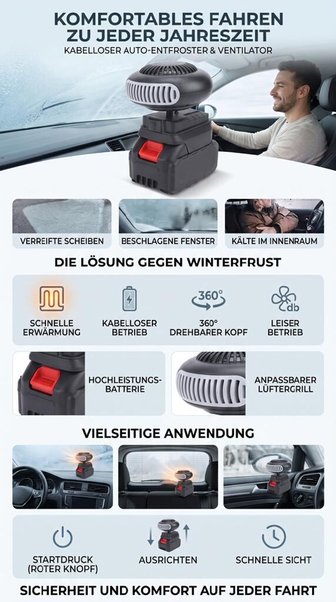 Kabellose Autoheizung 170W mit 12000mAh Akku – Schnellheizung, Entfroster & Heizlüfter fürs Auto