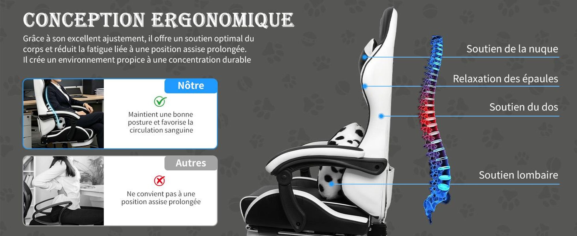 Chaise de gaming Puluomis avec repose-pieds, fauteuil de bureau, siège de chef, chaise de bureau, siège de course, ergonomique, pivotante, réglable en hauteur, design noir et blanc