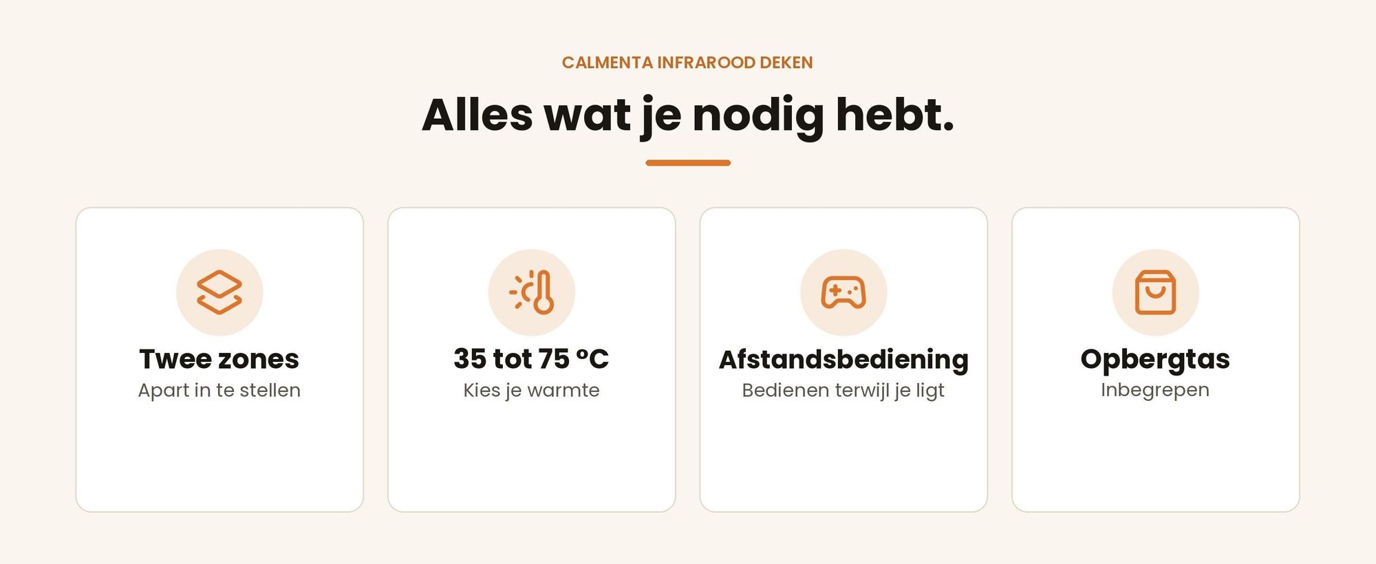 Kenmerken van de Calmenta infrarood deken: twee zones, 35 tot 75 °C, afstandsbediening en opbergtas