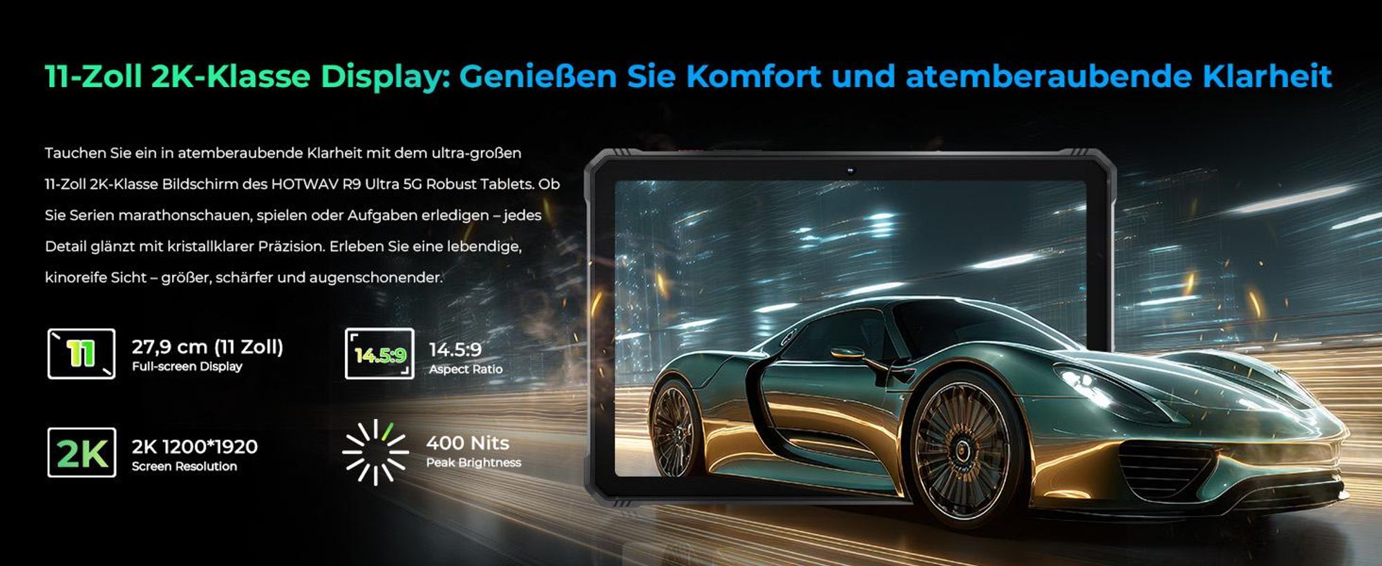HOTWAV R9 Ultra 5G Outdoor Tablet, 20080mAh Wasserdicht Tablet, Android 15, 11" 2K FHD+ Rugged Tablets 24GB+512GB,64MP IP68/ Dual SIM/5G WiFi/GPS/OTG