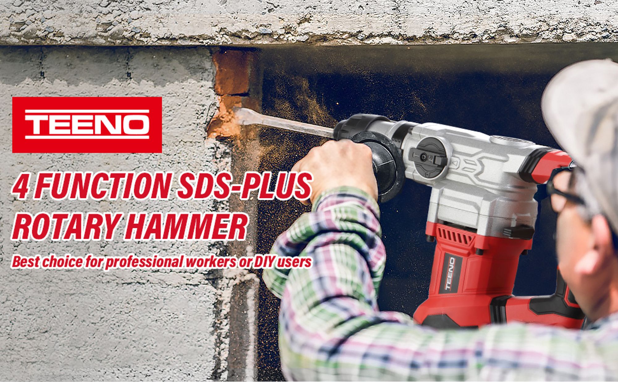 TEENO SDS-Plus 1500W Bohrhammer mit 6-Gang-Geschwindigkeiten, 4 Funktionen und Sicherheitskupplung – Professionelles Werkzeug für Beton, Metall usw.