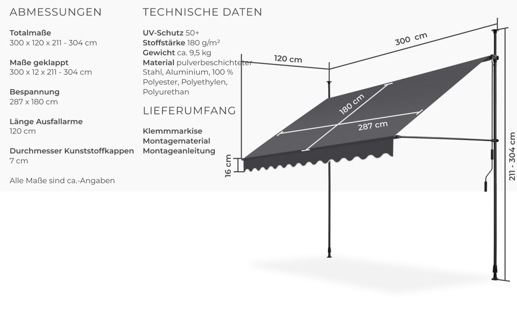 tectake® Klemmmarkise mit Handkurbel einfache Montage