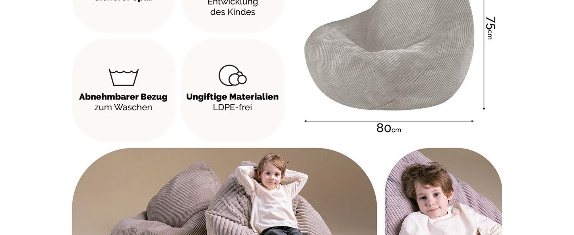 MISIOO Kinder Sitzsack Premium - Ergonomischer - Ab 12 Monaten - Bequeme Sitzsäcke fürs Kinderzimmer - Sitzsack mit Leichter Styroporfüllung