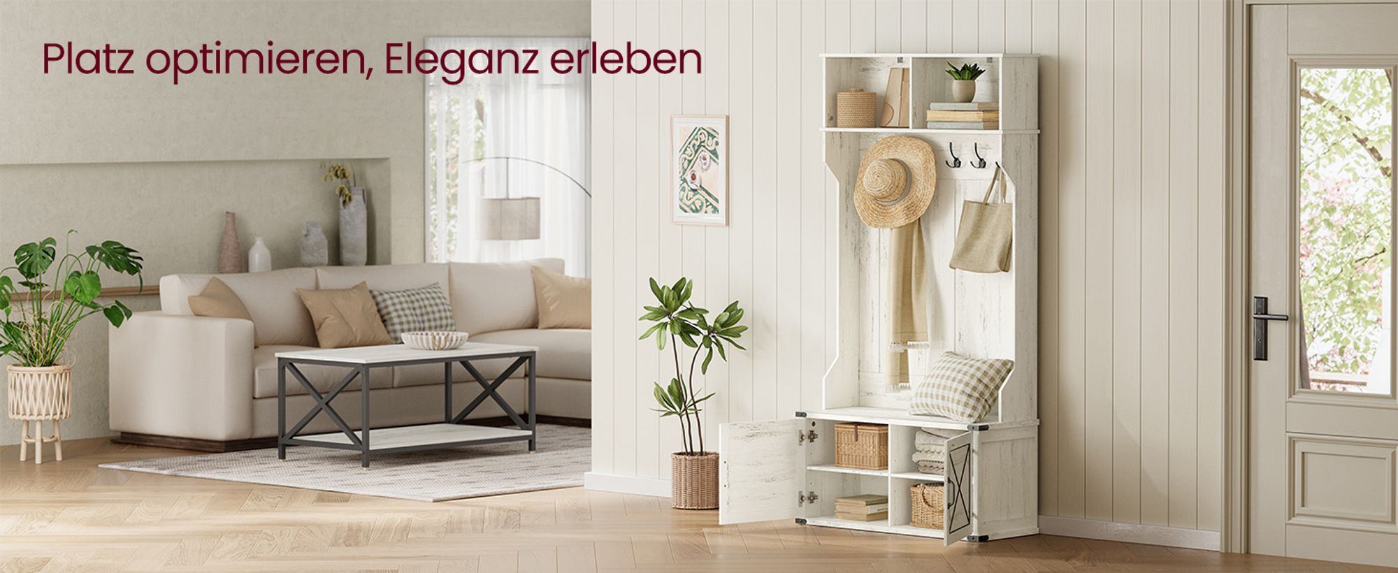Garderobenständer mit Schuhbank, Schuhschrank, 6 Dreifach-Haken, HSRDE430W02YC