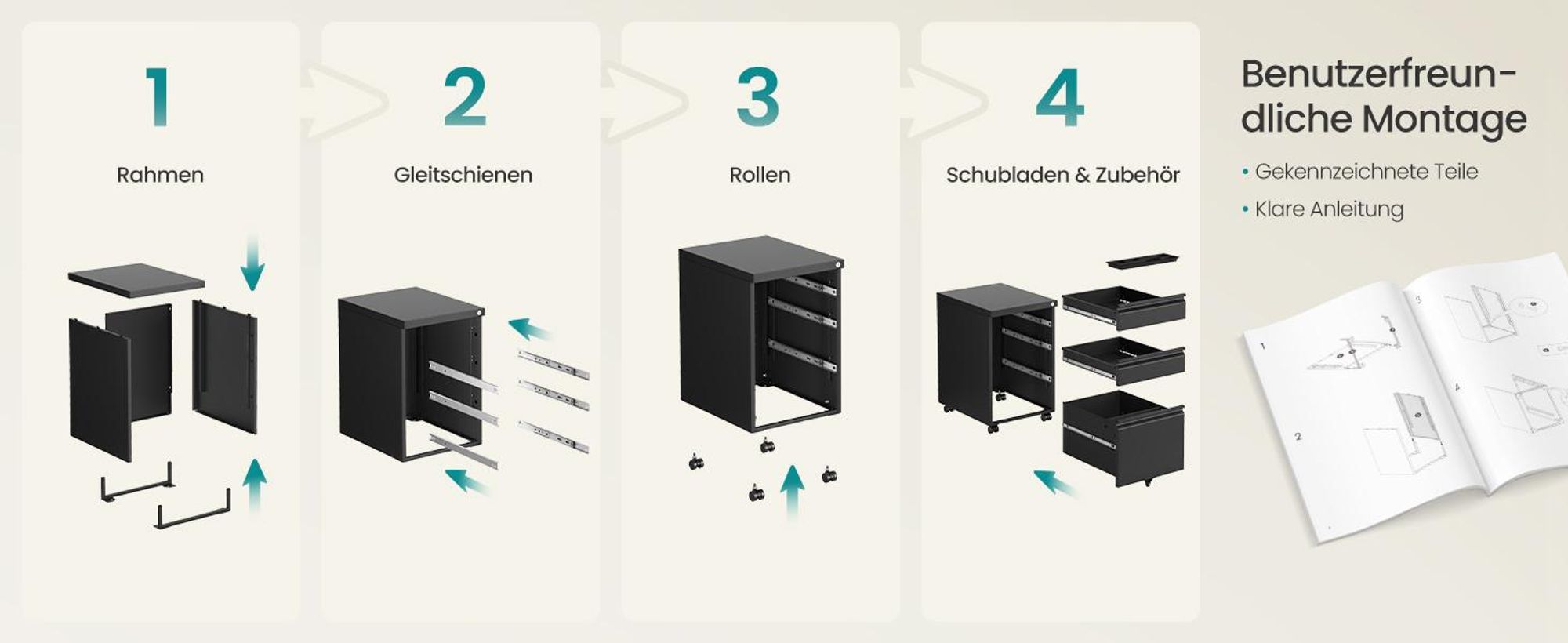SONGMICS Büroschrank aus Stahl mit 3 Schubladen, abschließbarer Rollcontainer, für Homeoffice, Druckerständer, schwarz